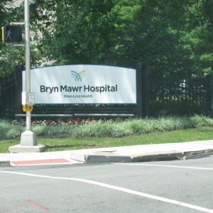 Tree service trimming trees around Bryn Mawr hospital sign
